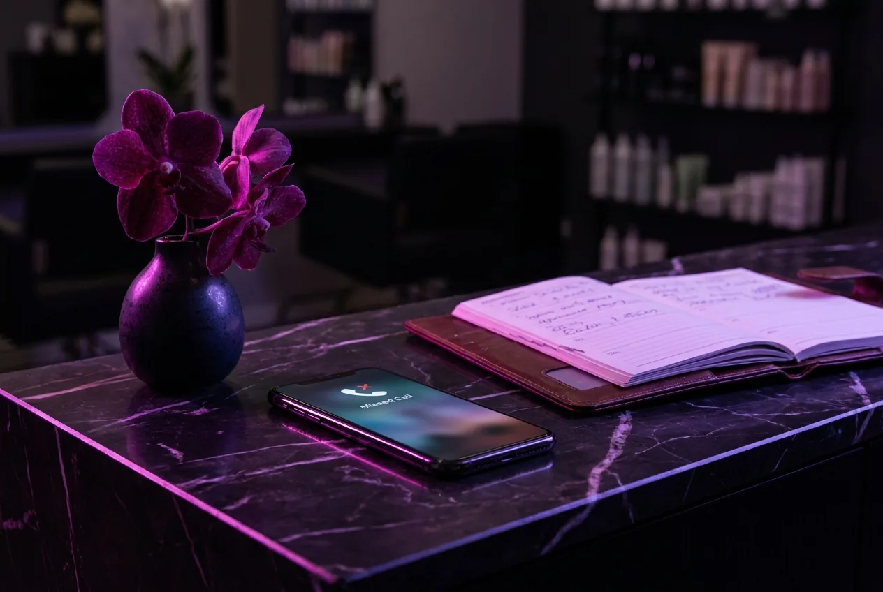 Salon reception at night, missed call on the phone